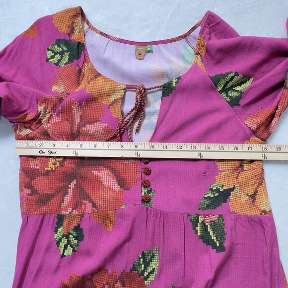 Farm Rio Tiered Midi Dress Womens Sz P (Small) Pink Floral Puff Sleeve - Picture 10 of 11